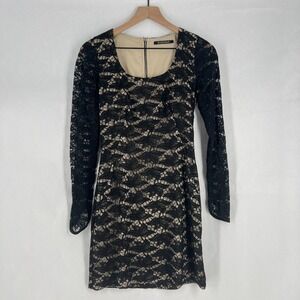 Black Halo Shift Dress Womens Size 2 Black Lace Zip Back Square Neck Long Sleeve